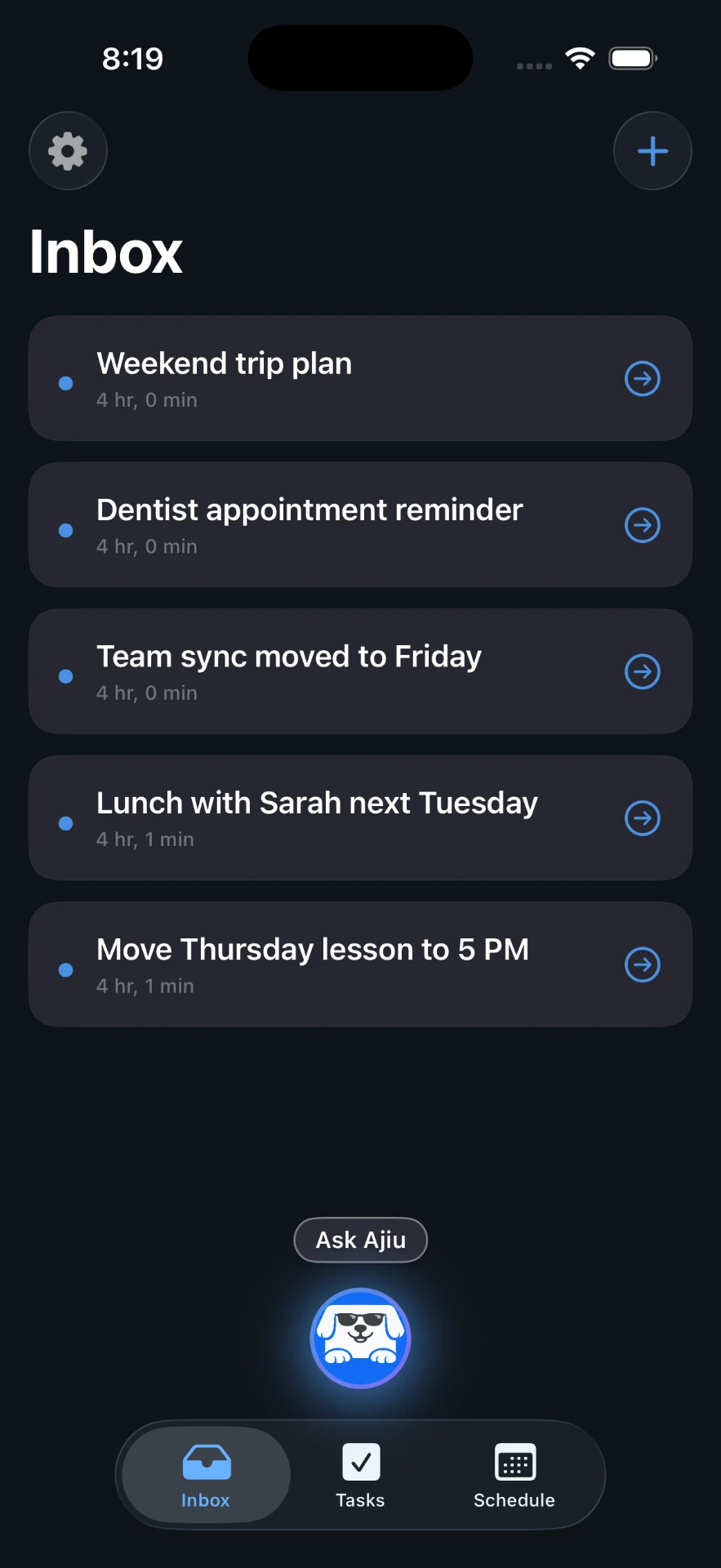 Ajiu inbox listing scheduling messages waiting to be organized.