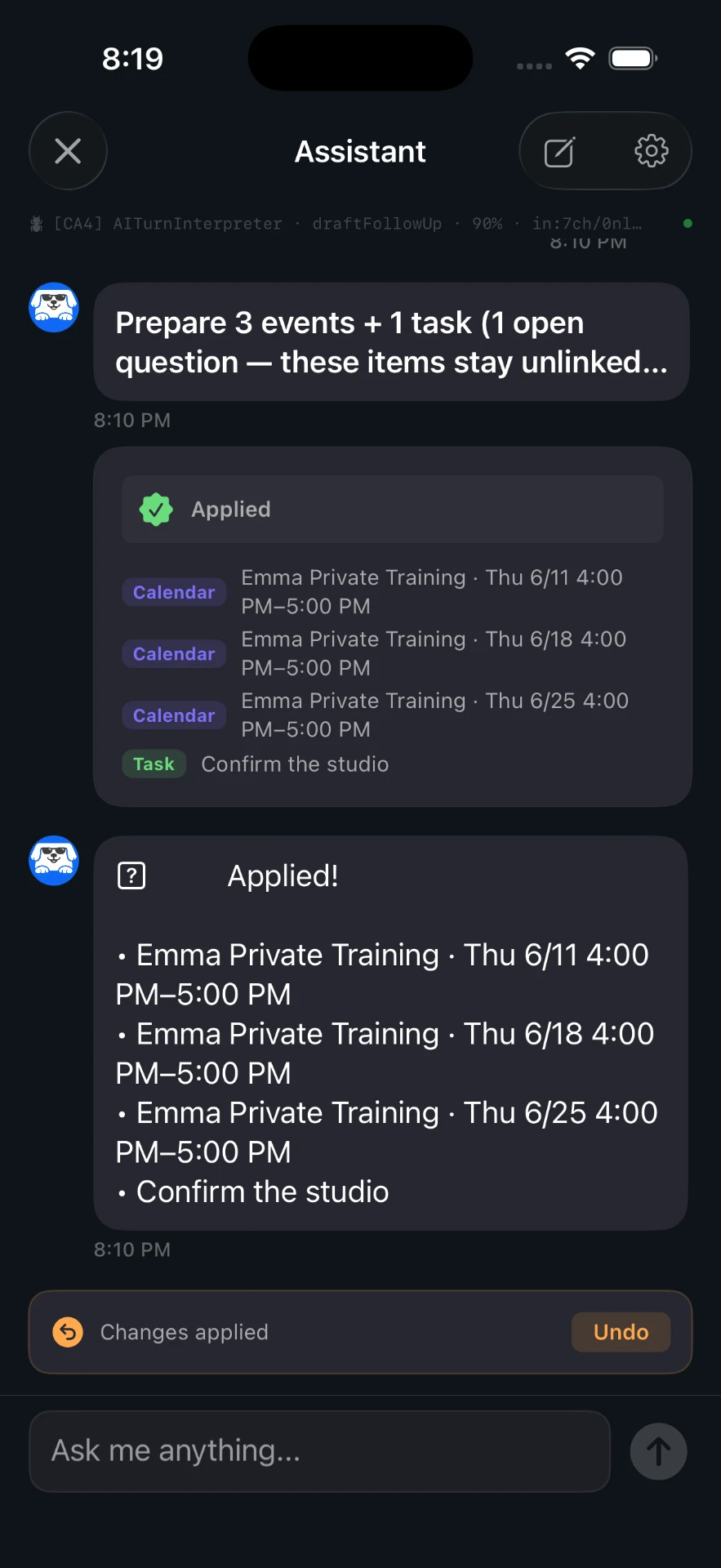 Ajiu confirming applied calendar events and a follow-up task from a scheduling message.