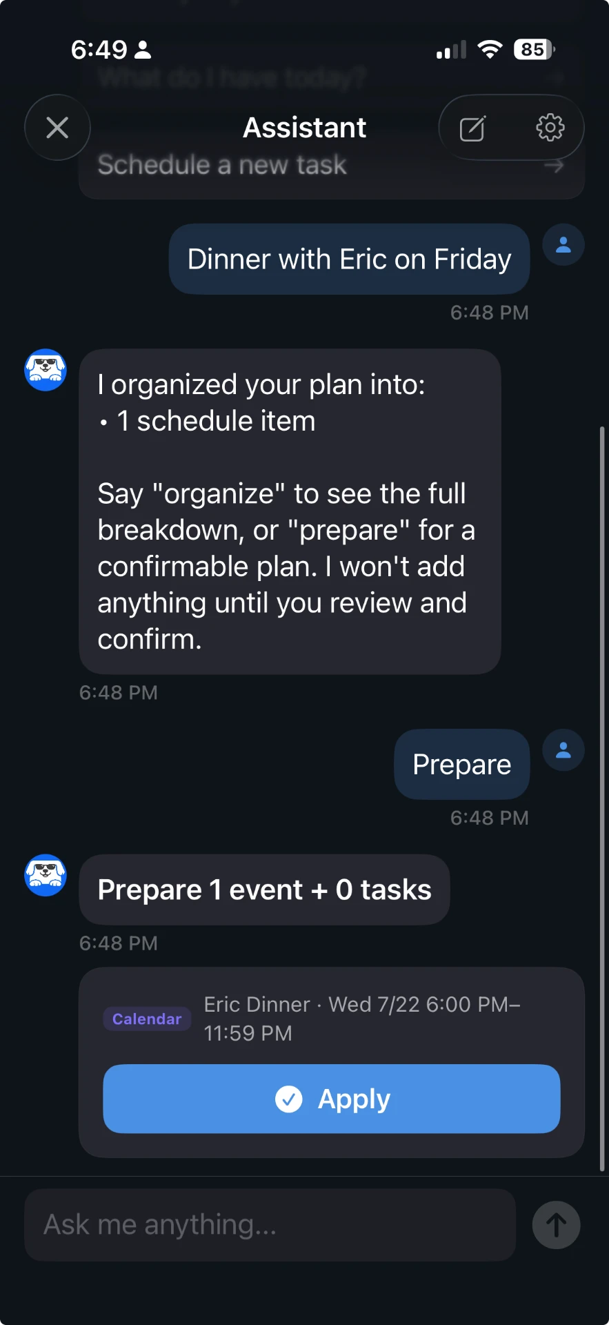 Ajiu assistant reading a scheduling message and organizing it into a plan.