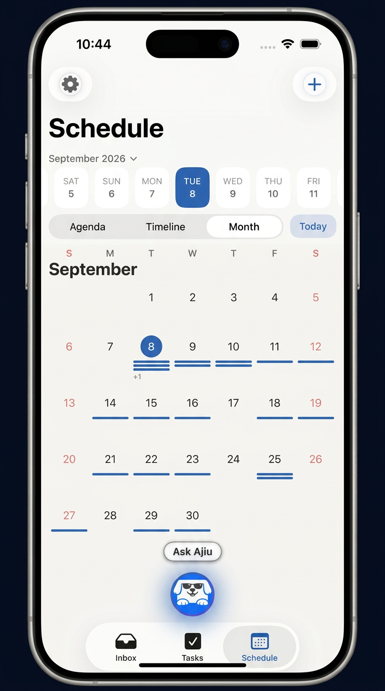 Ajiu schedule month view showing organized events across the month.
